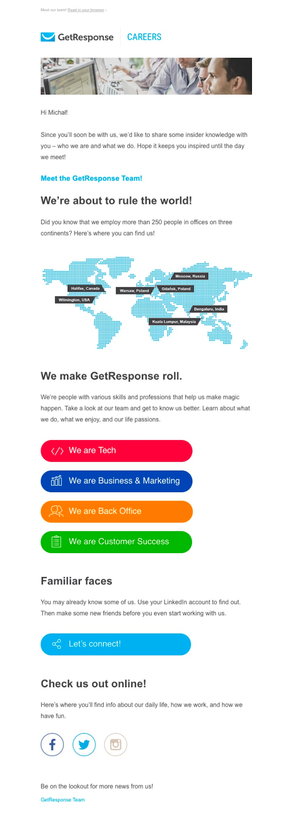Example of an onboarding employee email newsletter sent to new GetResponse team members