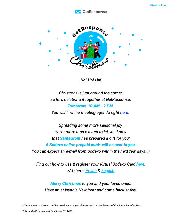 Example of GetResponse Christmas party email newsletter