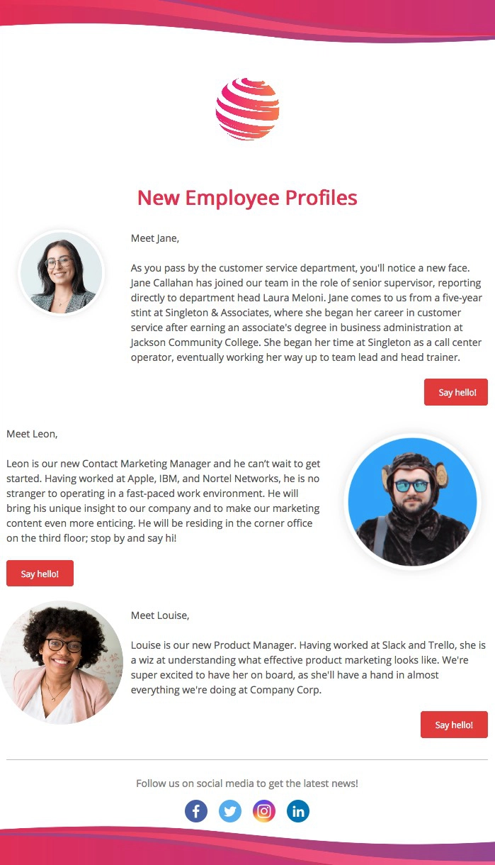 Example of email newsletter about new team members