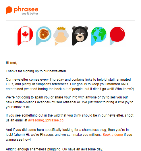 An example of funny email greetings from Phrasee