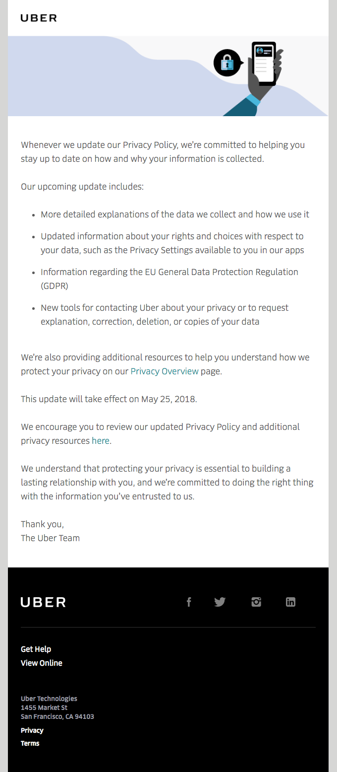 Email from UBER before the GDPR