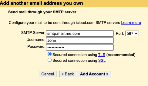 iCloud SMTP configuration examples Gmail settings entering SMTP credentials