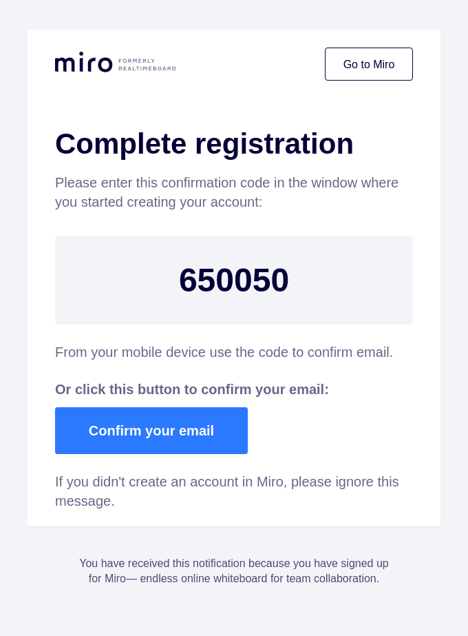 Email confirmation message after registration
