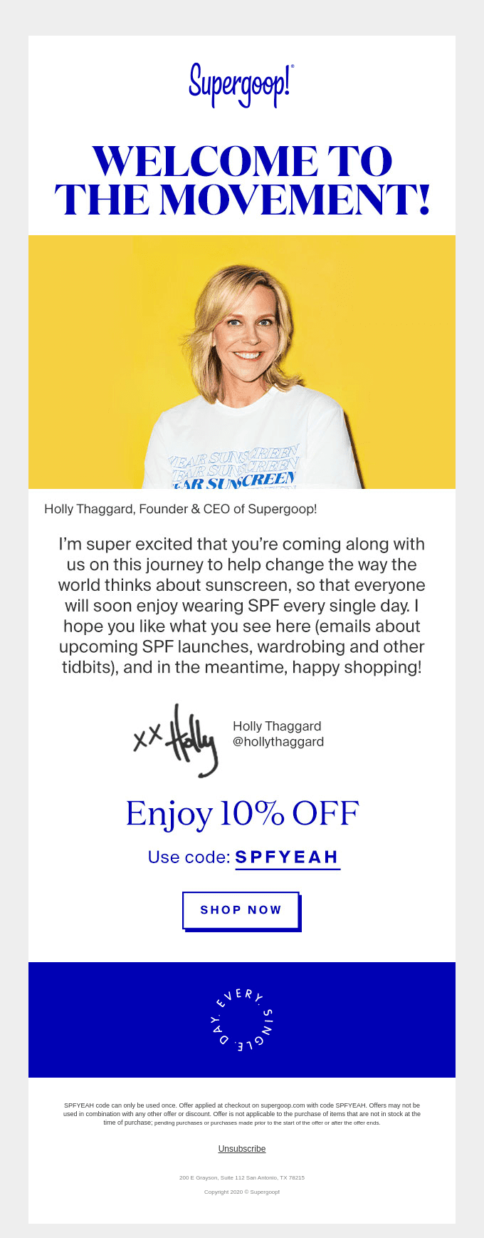 Welcome email from Supergoop