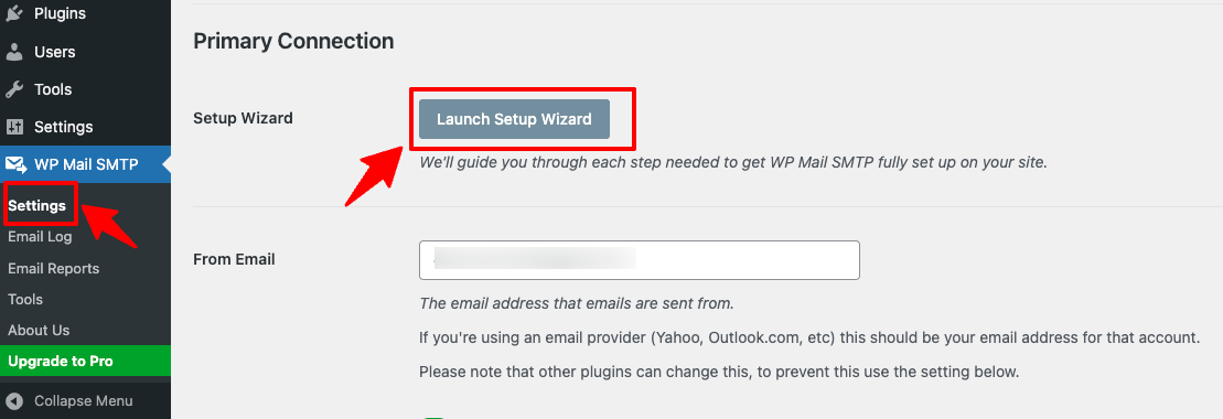 Launching the WP Mail SMTP setup wizard