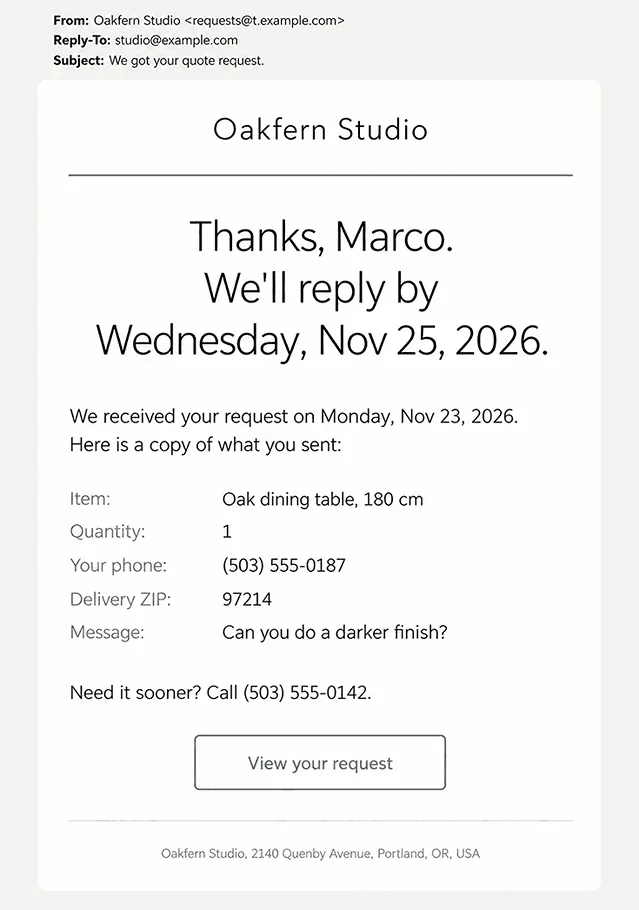Example quote request confirmation email from a made-to-order furniture catalog with a copy of the submitted fields, the date of the reply, and a phone number for urgent questions