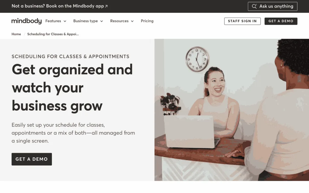 Mindbody scheduling software for classes and appointments, first screen