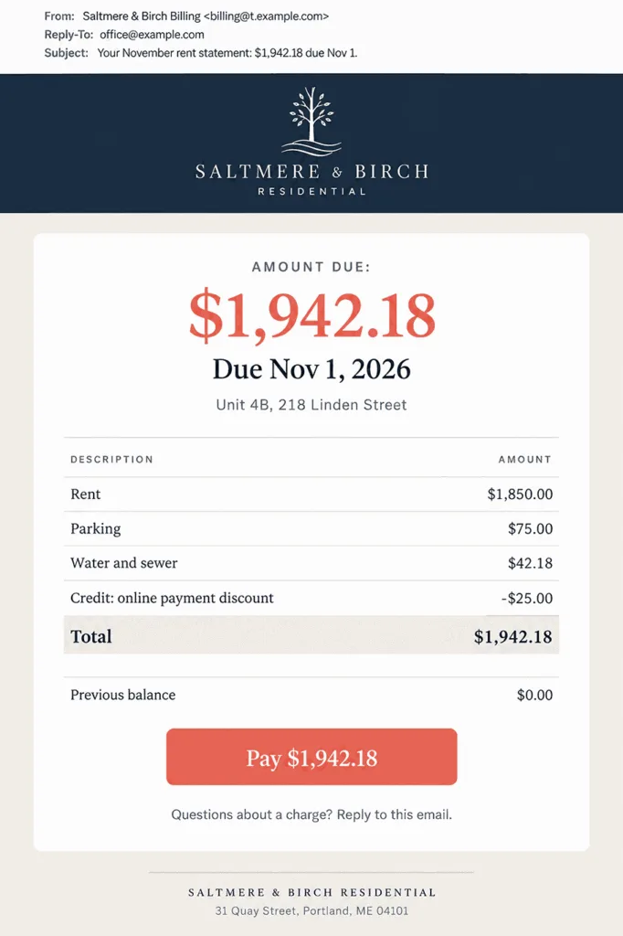 Example rent statement email from a property manager: amount due and due date at the top, line items for rent, parking, water and sewer, and an online payment credit, previous balance, and one Pay button