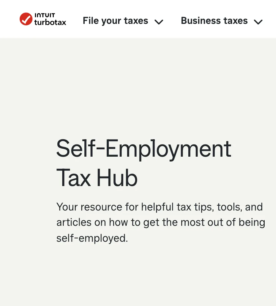 Intuit TurboTax Self-Employment Tax Hub, a resource of tax tips, tools, and articles for self-employed filers, top of the page