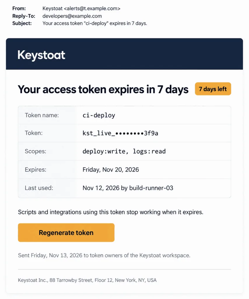 Example access token expiry email from a developer tool with the token name and scopes, the expiry date and days left, when the token was last used, and one Regenerate token button