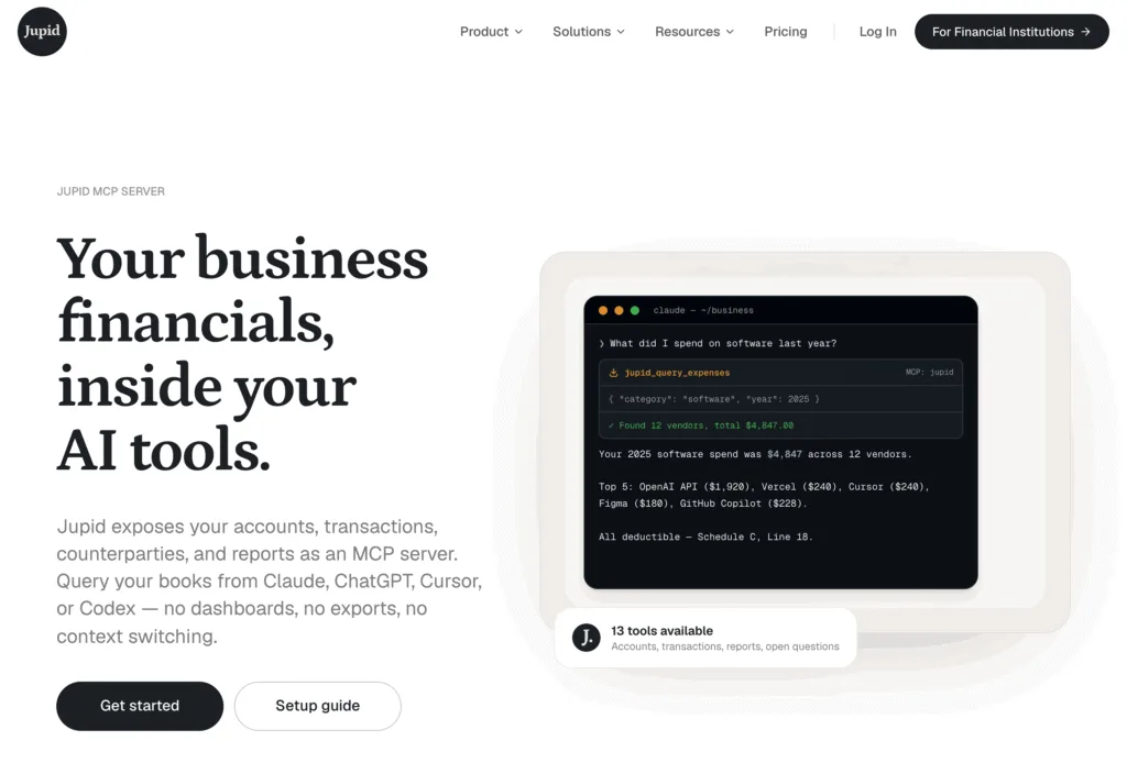 Jupid MCP server page: AI accounting for freelancers that connects business financials to AI tools, first screen