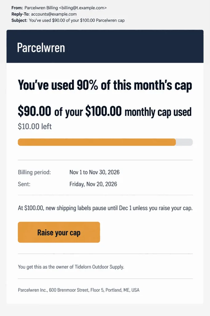 Example usage cap warning email from a Shopify app with a progress bar at 90%, the amount used against the monthly cap, what pauses when the cap is reached, and one Raise your cap button