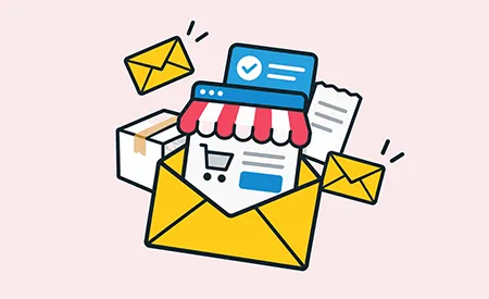 Transactional emails for small online stores – illustration of an e-commerce storefront, package, order confirmation, and email notifications.
