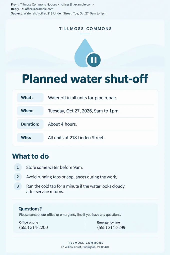 Example building notice email from a property manager: planned water shut-off with what, when, how long, and which units are affected, what residents should do, and office and emergency phone numbers