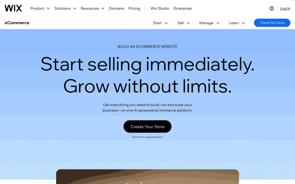 Wix ecommerce website builder page, first screen