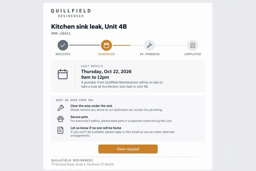 Example maintenance request update email from a property manager: request number, a status tracker set to Scheduled, visit date and time window, what the tenant needs to do before the visit, and one View request button