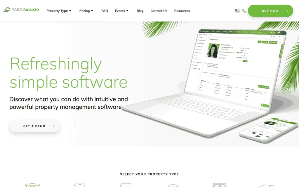 Yardi Breeze property management software, homepage first screen
