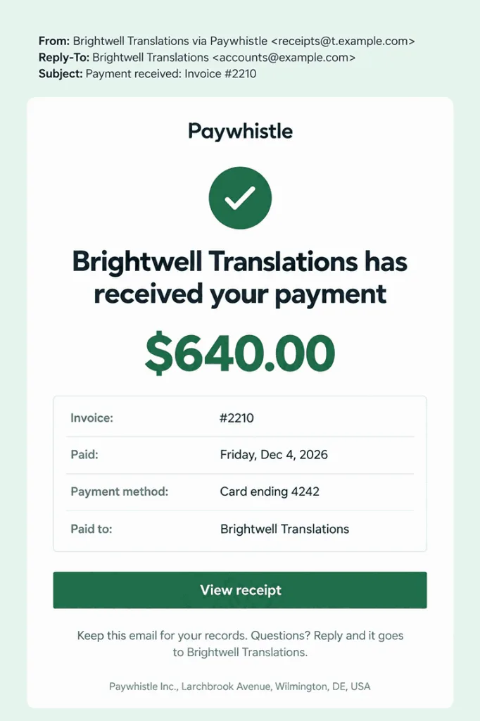 Example payment receipt email from an online payments app with the amount paid, the payment date, the card ending, the invoice number, and one View receipt button