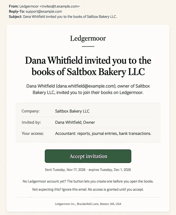 Example accountant invitation email from a bookkeeping app with the inviter and the company in the subject, the access level, one Accept invitation button, and the date the invitation expires