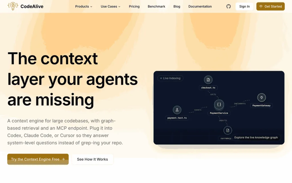 CodeAlive context engine product page with a live code graph, first screen