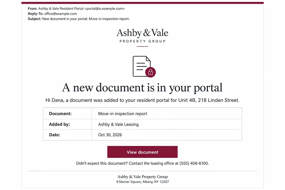 Example tenant portal document alert email from a property manager: document name, who added it, and the date, one View document button, and a leasing office contact for tenants who did not expect it