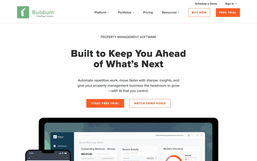 Buildium property management software, homepage first screen