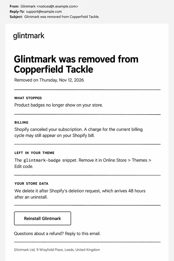 Example uninstall confirmation email from a Shopify app listing what stopped, the billing outcome, the theme snippet left behind and where to remove it, when store data is deleted, and one Reinstall button