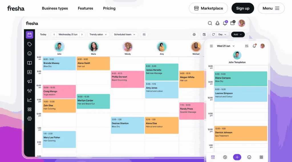 Fresha salon booking software for businesses, team calendar with the day's appointments, first screen