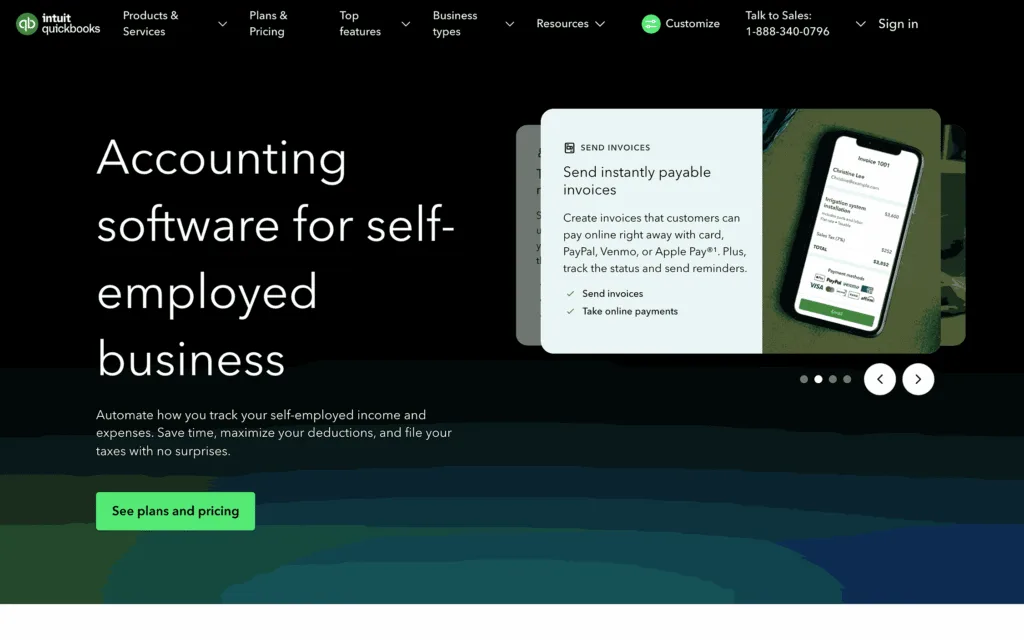QuickBooks Solopreneur accounting software for self-employed business, product page first screen