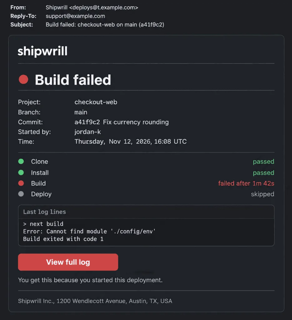 Example deployment failed email from a developer tool with a red Build failed status, project, branch and commit, the failed stage, the last log lines, and one View full log button