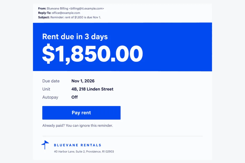 Example rent reminder email from a property manager: rent amount, due date, unit, and autopay status, one Pay rent button, and a note for tenants who already paid