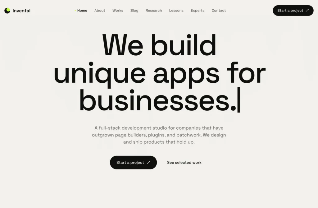 Invental website with the “We build unique apps for businesses” headline and a Start a project button