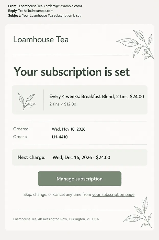 Example subscription confirmation email from an online tea store with the delivery schedule and price, the next charge date and amount, one Manage subscription button, and a line about skipping or canceling at any time