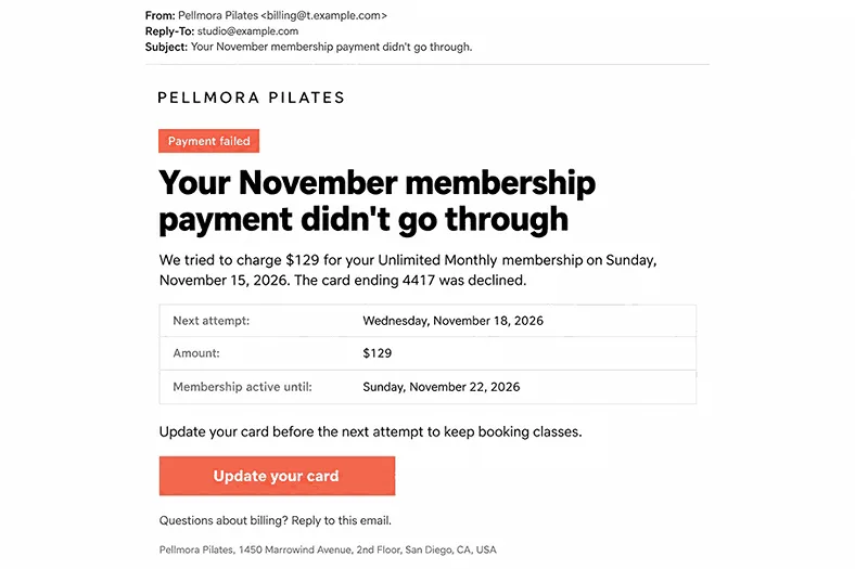 Example failed membership payment email from a pilates studio with the amount, the declined card, the retry date, and an Update your card button