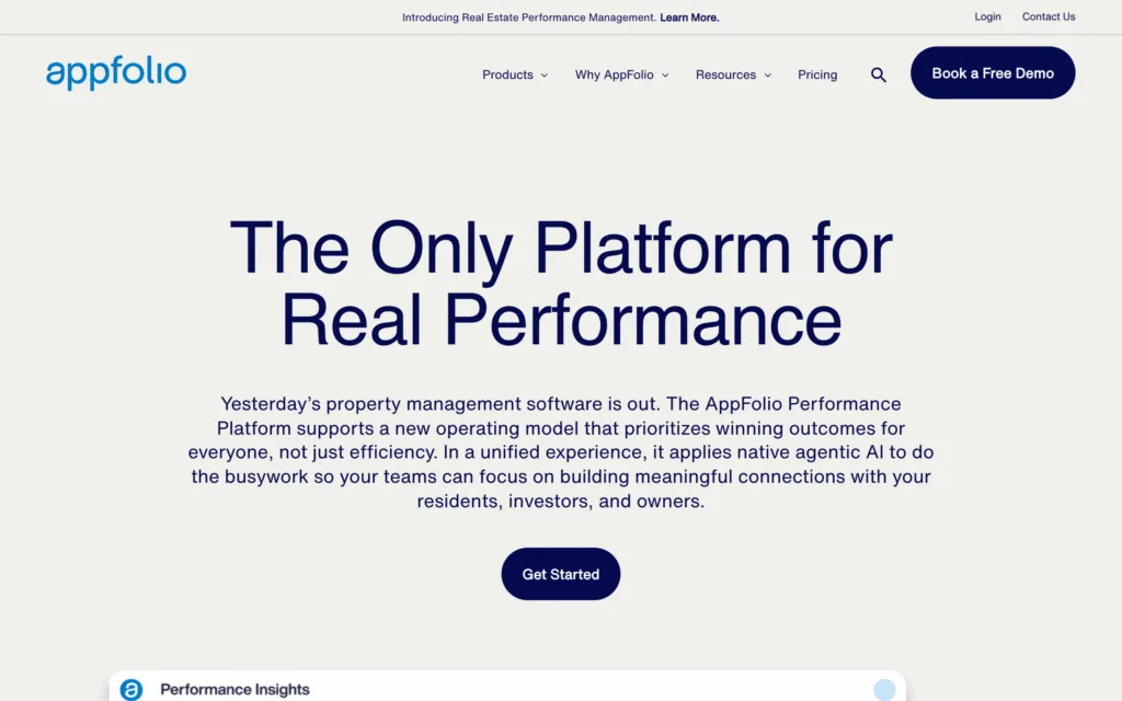 AppFolio property management software, homepage first screen