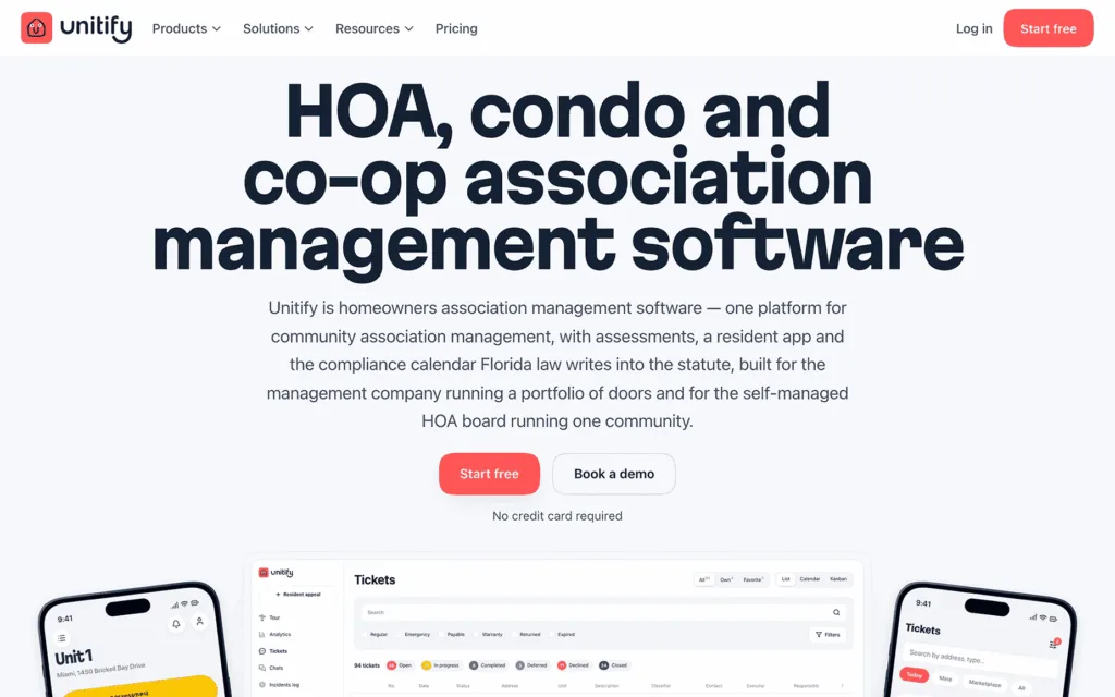 Unitify HOA and condo management software, US page first screen