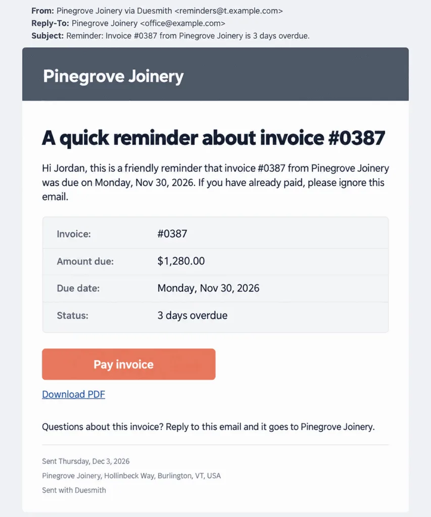 Example overdue payment reminder email with the invoice number and days overdue in the subject, the amount and due date, one Pay invoice button, and a Download PDF link