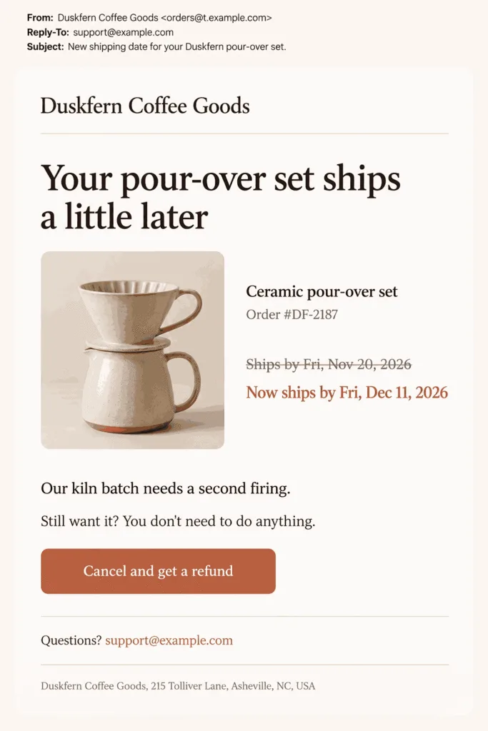 Example pre-order date change email from an online store with the product image, the old shipping date struck through, the new date, a one-line reason, and one Cancel and get a refund button
