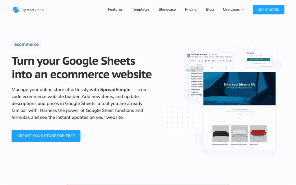SpreadSimple ecommerce website builder from Google Sheets, first screen