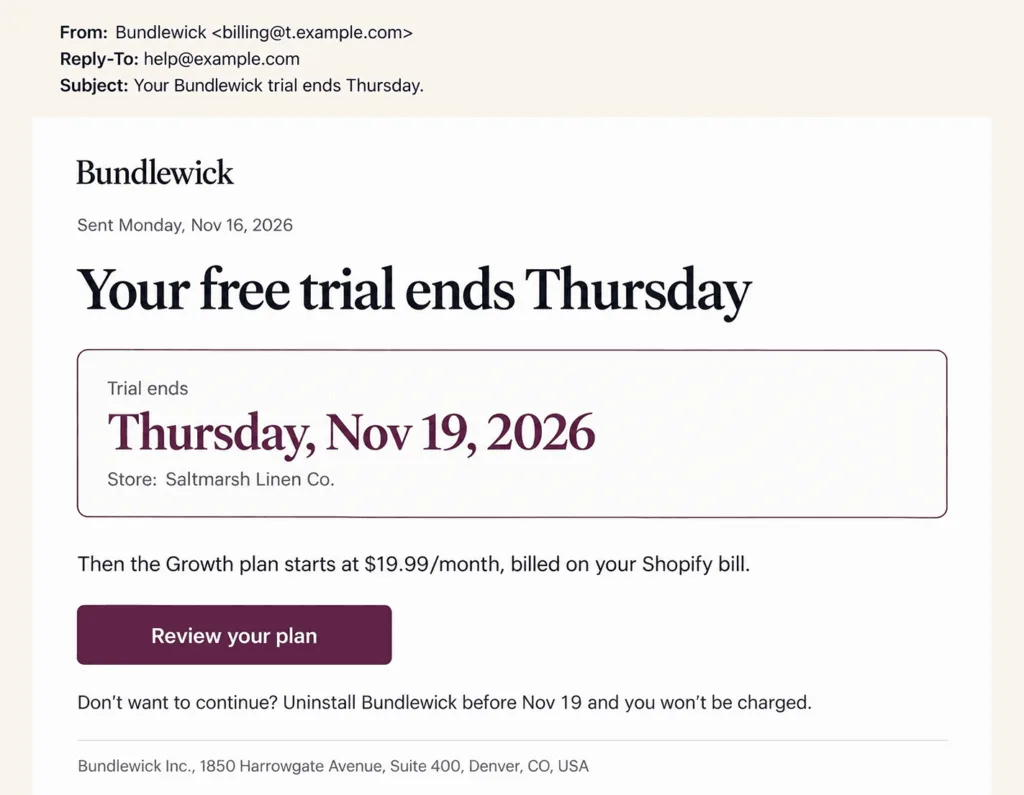 Example trial ending email from a Shopify app with the trial end date in large type, the plan and monthly price that start next, a note that the charge appears on the Shopify bill, and one Review your plan button