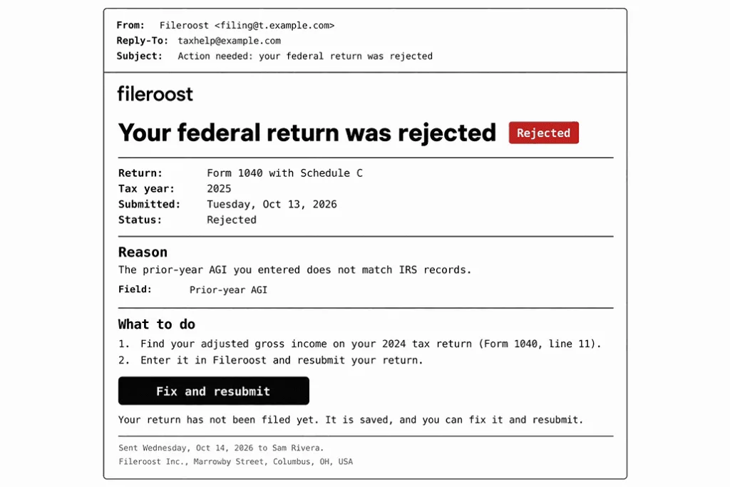 Example filing status email from a tax app with a red Rejected badge, the form and submission date, the reason for the rejection, two steps to fix it, and one Fix and resubmit button