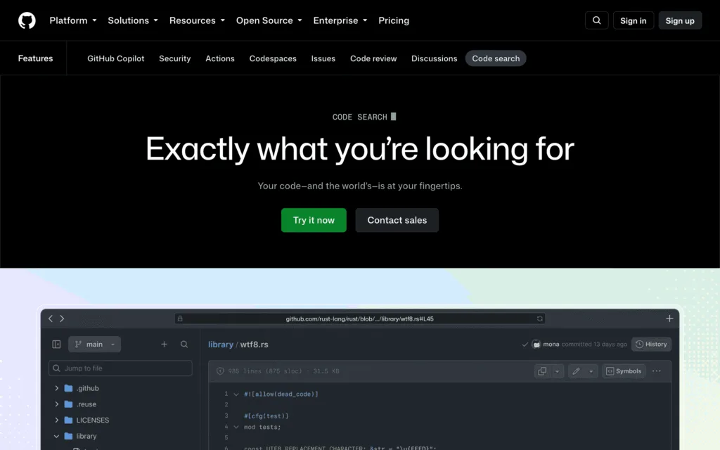 GitHub code search feature page, first screen