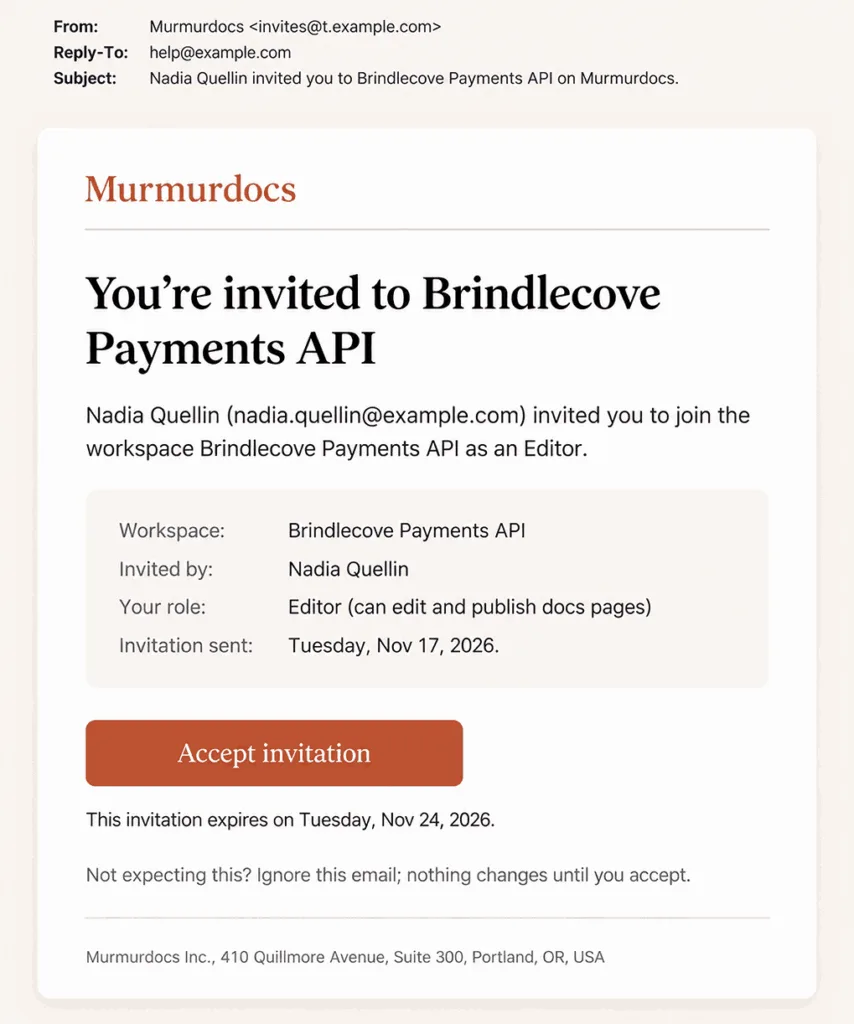 Example team invitation email from a developer tool with the name of the person who sent it, the workspace name and role, one Accept invitation button, and the date the link expires