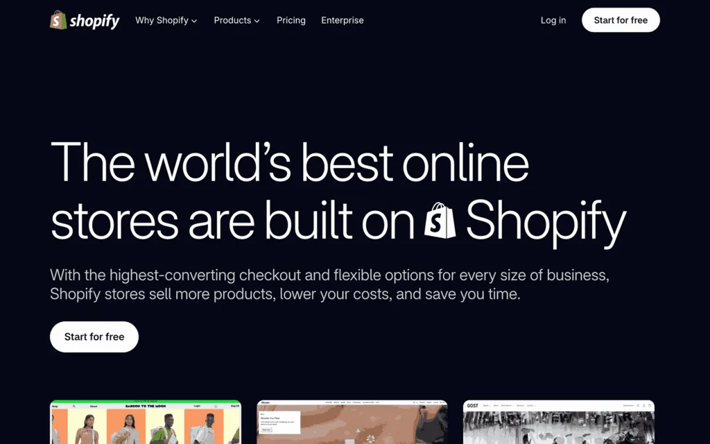 Shopify online store builder page, first screen