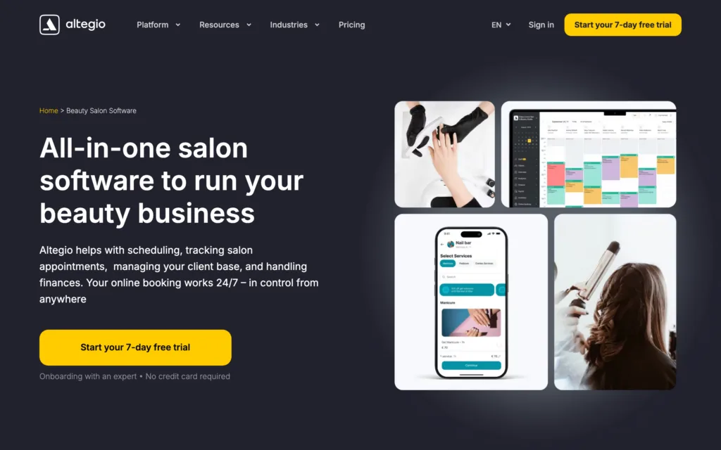 Altegio salon scheduling and online booking software, English page first screen