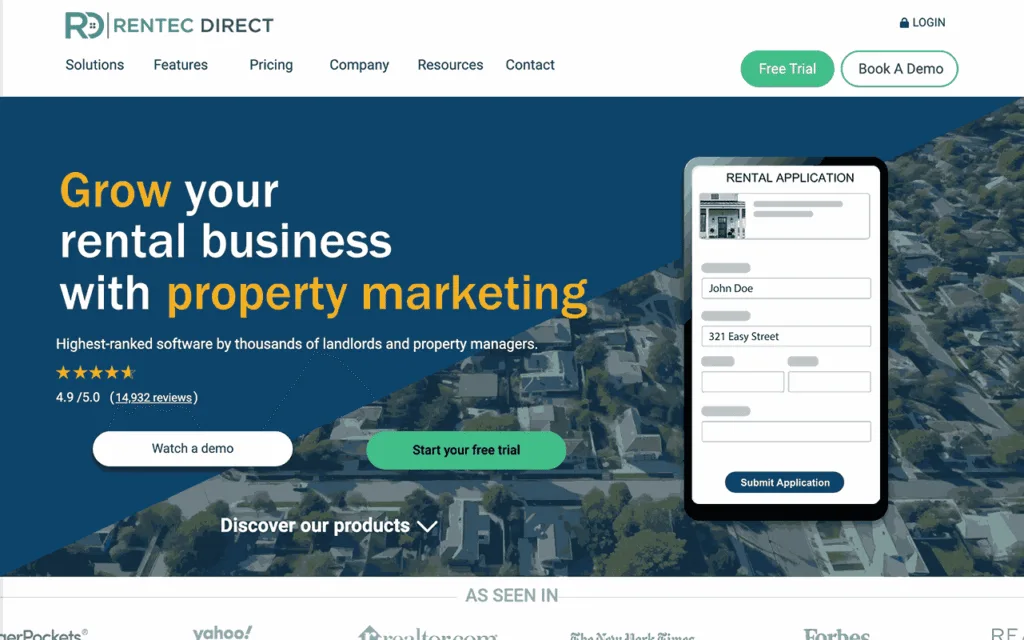 Rentec Direct property management software, homepage first screen