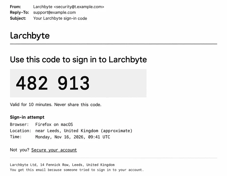 Example sign-in code email from a developer tool with a 6-digit code at the top, a note that the code is valid for 10 minutes, the device and location of the attempt, and a link to secure the account