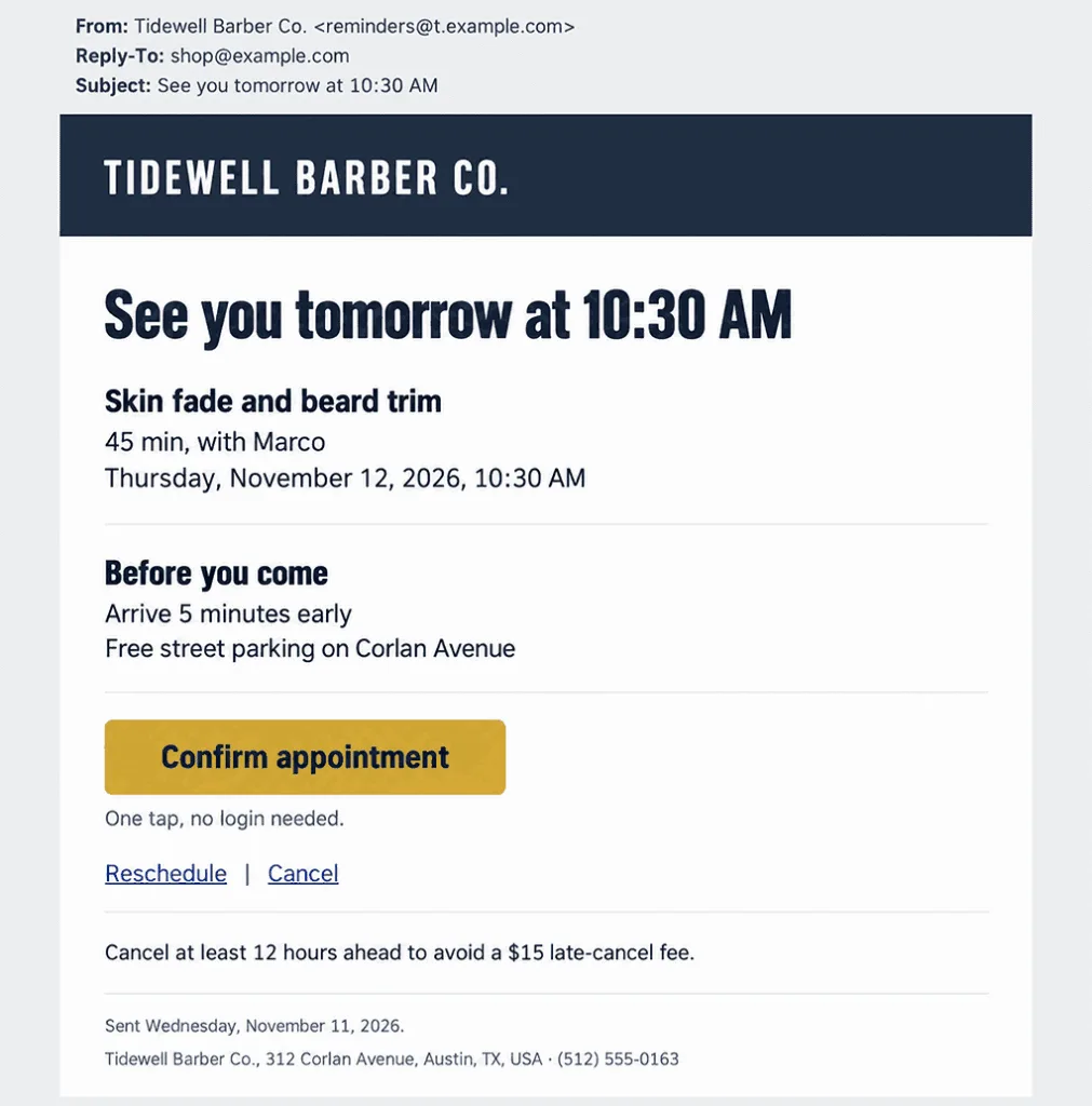 Example appointment reminder email from a barbershop with the visit details, a short preparation block, a Confirm appointment button, and Reschedule and Cancel links