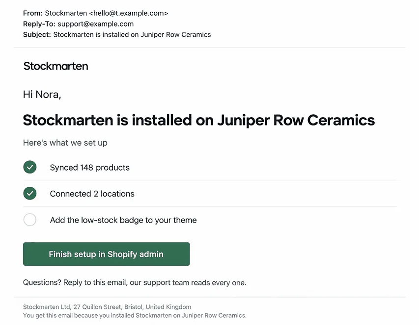 Example install confirmation email from a Shopify app with two completed setup steps marked with check marks, one open step, a Finish setup in Shopify admin button, and a support line