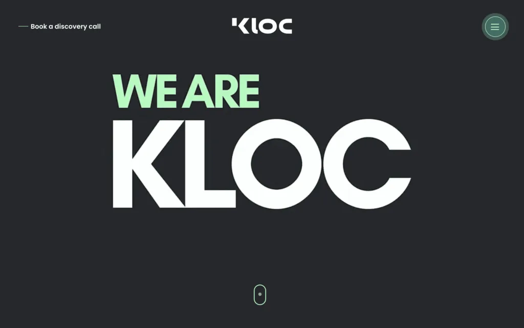 KLoc Technologies website with the “We are Kloc” headline and a link to book a discovery call